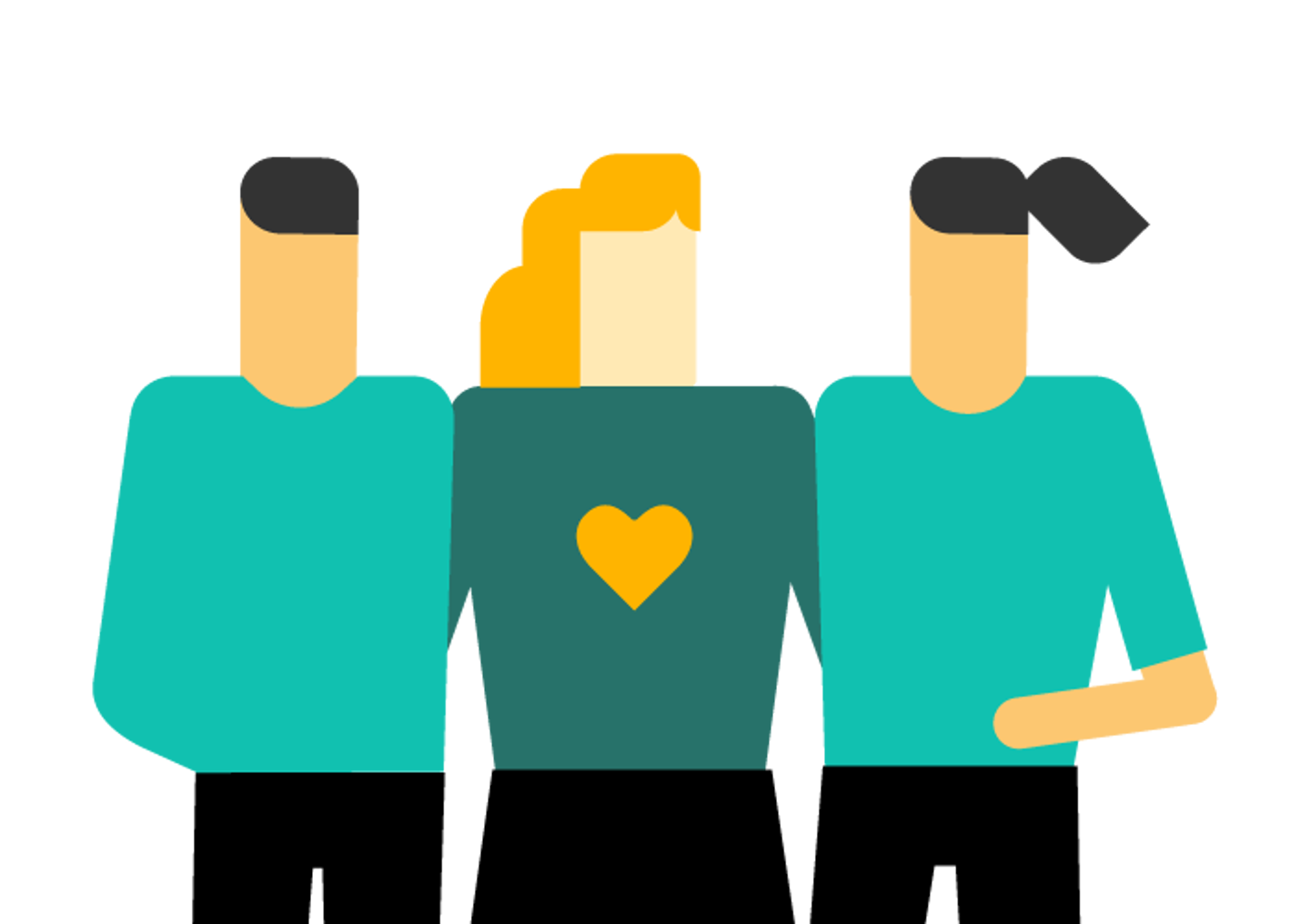Illustrasjon av tre mennesker som holder rundt hverandre. Den midterste har et hjerte midt på kroppen/genser